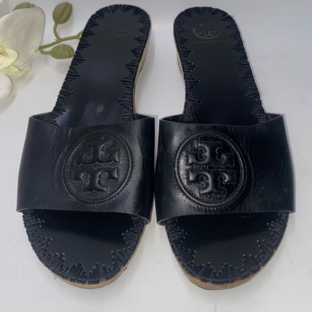 Tory Burch Black Leather Patty Wedge Slide Sandals| Size 8 1/2